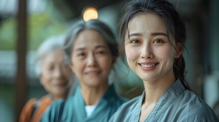 Fototapeta premium Smiling Woman with Elderly Figures in Background