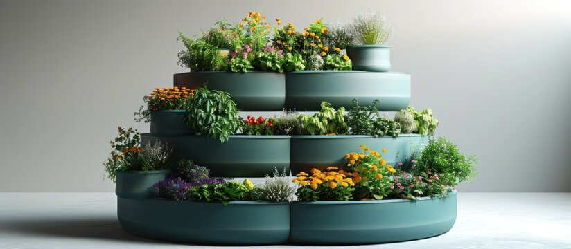 Lush and vibrant vertical gardening display showcasing a variety of cascading green leafy plants herbs and colorful flowers arranged in a tiered planter system for an indoor or home decor setting