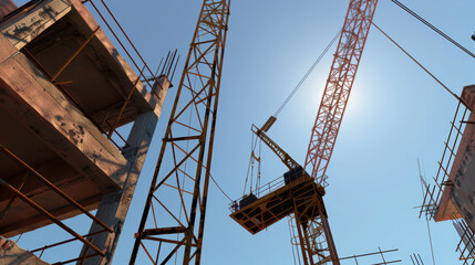 Construction site with cranes and building framework under clear blue sky, showcasing progress of urban development and engineering