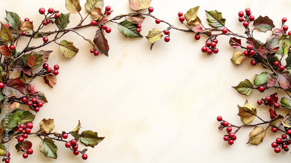 Poster Isolated on white background with side space for letters 3d-render clay style holly leaves and berries placed beside an empty sign for holiday promotions Stock Photo with copy space