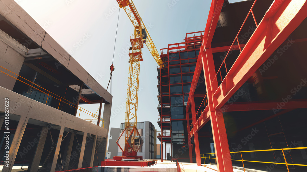Poster construction site with yellow crane lifting materials, showcasing modern architecture and building s