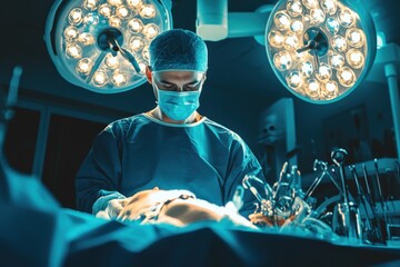 A focused surgeon in scrubs and a surgical mask, standing over a patient on the operating table, with bright overhead lights illuminating the sterile environment and various medical instruments ready 
