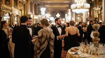 Elegant evening at a luxurious gala with guests in formal attire enjoying drinks and conversing under stunning chandeliers.