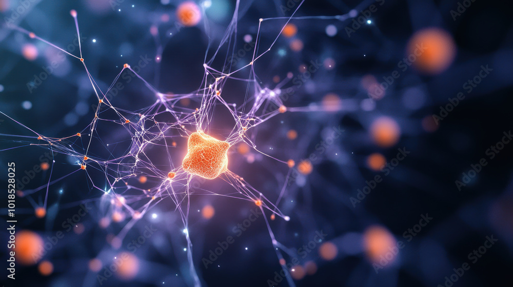Poster detailed microscopic image showcasing glowing neurons and synapses, illustrating intricate connectio
