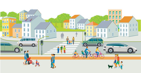 Freizeit mit Familie im Vorort und Straßenverkehr  Illustration..eps