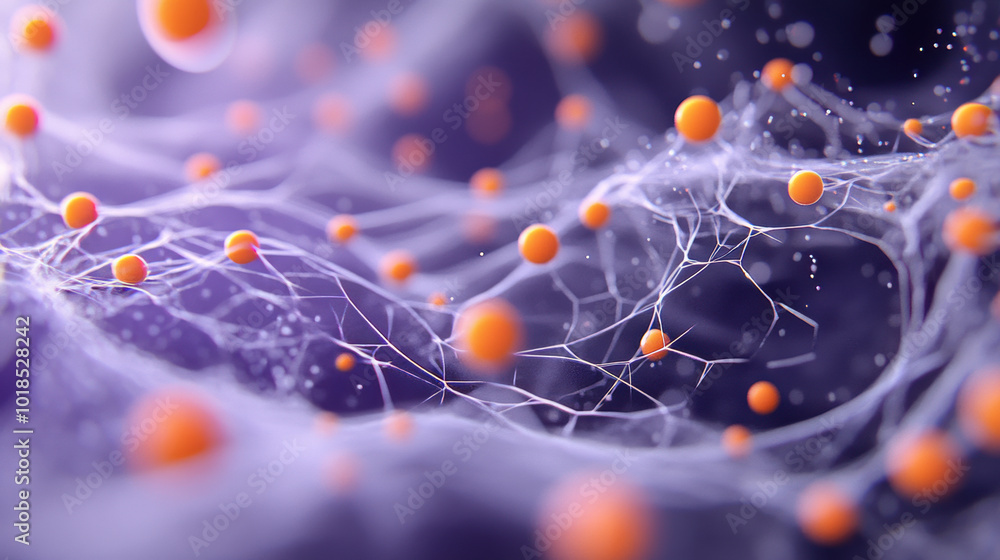 Poster microscopic structure showcasing intricate networks of fibers and vibrant orange spheres, creating c