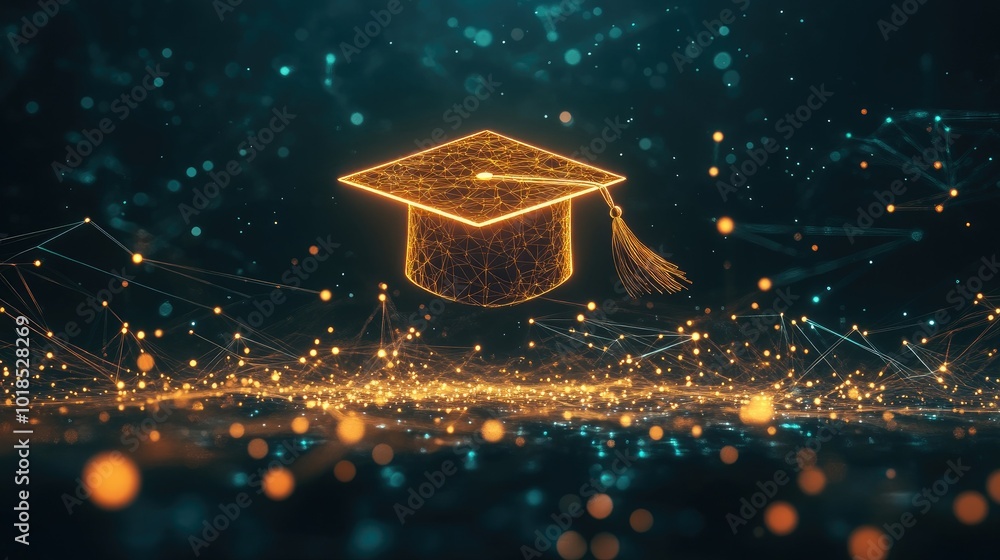 Leinwandbilder a digital graduation cap floating above an array of glowing interconnected data points, symbolizing 