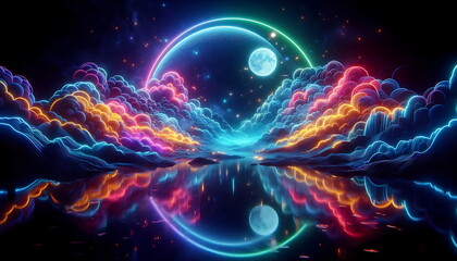 Obraz premium Colorful Landscape with Neon Light, Moon, Clouds, and Sea – Home Décor Poster, Music Cover Art, Nature Background