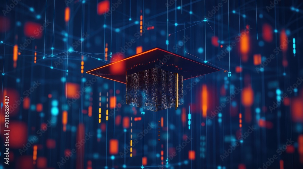 Poster a digital representation of a graduation cap suspended above a web of data points, emphasizing the l