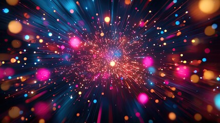 Fototapeta premium Colorful abstract explosion of lights and particles on a dark background.
