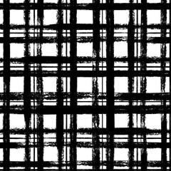 Vector tartan pattern. Seamless black and white brush stroke background. Plaid print with distress texture. Painted ornament for kids. Childish design