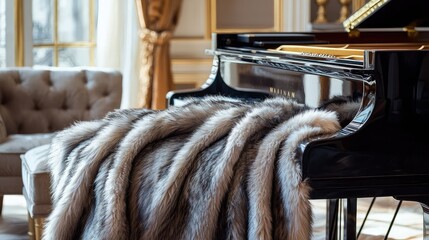 Elegant interior featuring a grand piano draped with a luxurious fur blanket, exuding comfort and sophistication.