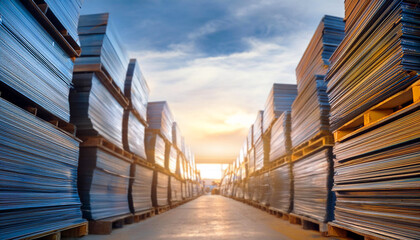 Obraz premium stacked sheets of industrial material, such as metal or steel, arranged on pallets in a large outdoor storage yard, The materials are stacked high on both sides of a wide pathway, industrial scene
