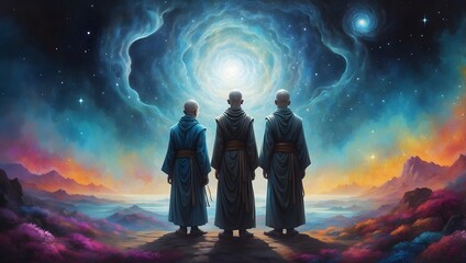 Obraz premium Andere Welt - Buddhistische Mönche - Buntes Gemälde