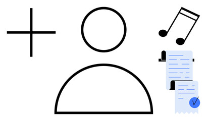A simple user profile symbol in black, with adjacent icons of a plus sign, music notes, and a document with a checkmark. Ideal for user interfaces, music applications, document sharing, digital