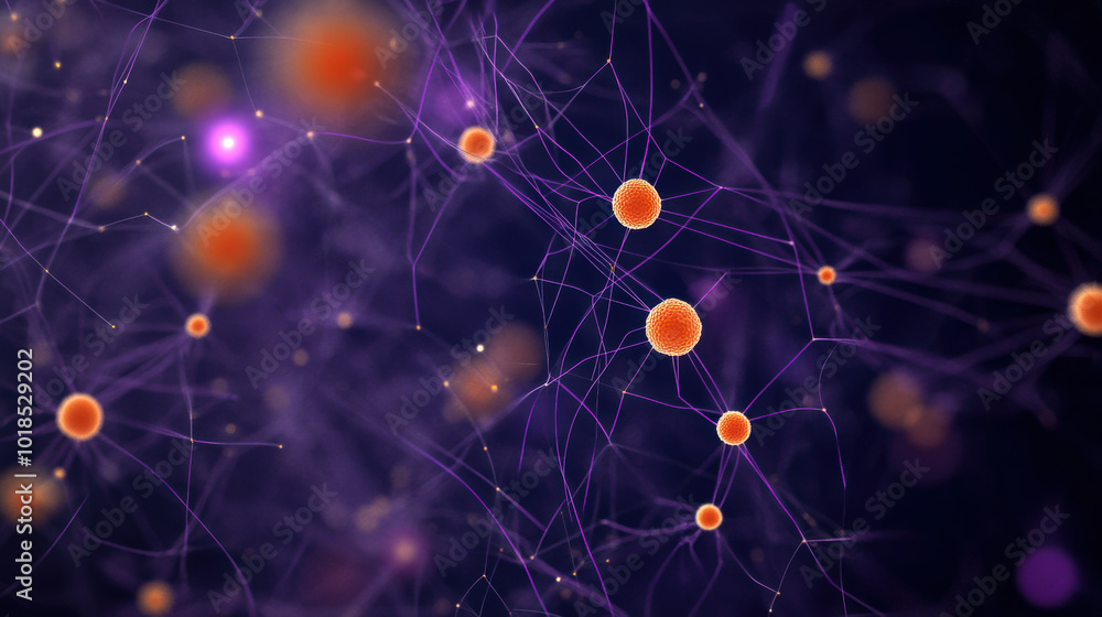 Poster microscopic image of orange spherical structures connected by purple filaments, showcasing intricate