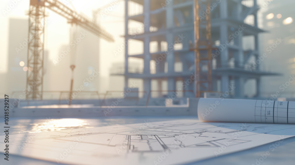 Poster construction site with blueprints in foreground, showcasing partially built structure and cranes in 