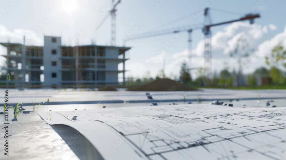 Aufkleber construction site with blueprints in foreground, showcasing cranes and partially built structure in 