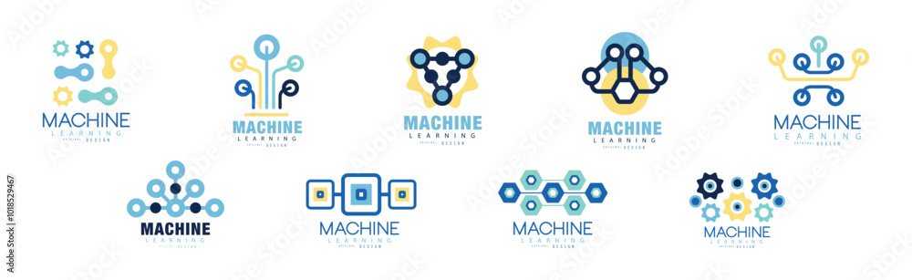 Poster learning machine logo and label original design vector set
