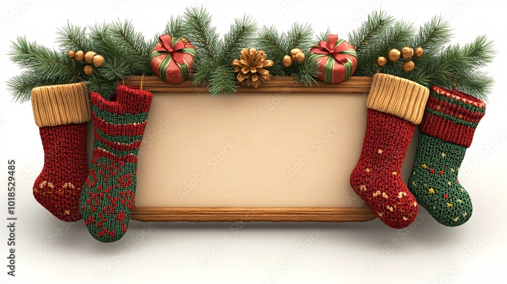 Poster isolated on white background with side space for letters 3d-render clay style colorful stockings and