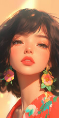 Fototapeta premium Sunlit portrait of a woman with floral earrings