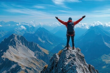 joyful individual standing triumphantly on a mountain peak arms raised high against a backdrop of stunning mountain vistas and clear skies