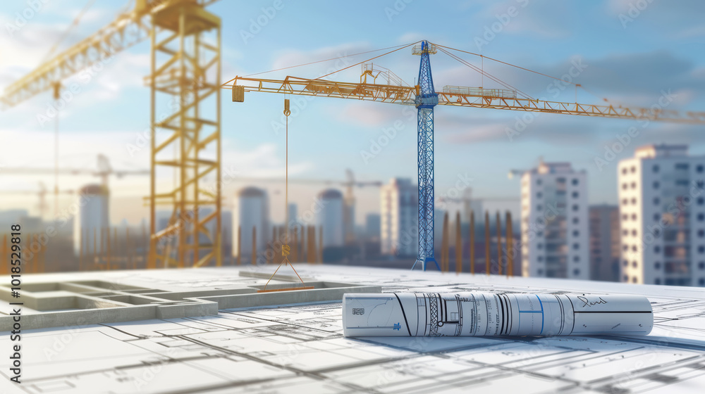Poster construction plans and blueprints are prominently displayed on building site, with cranes and urban 