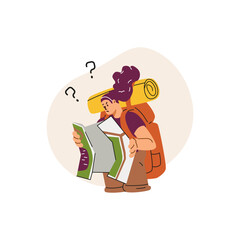Confused woman backpacker hold paper map tracking route get lost in wilderness nature, vector frustrated female tourist