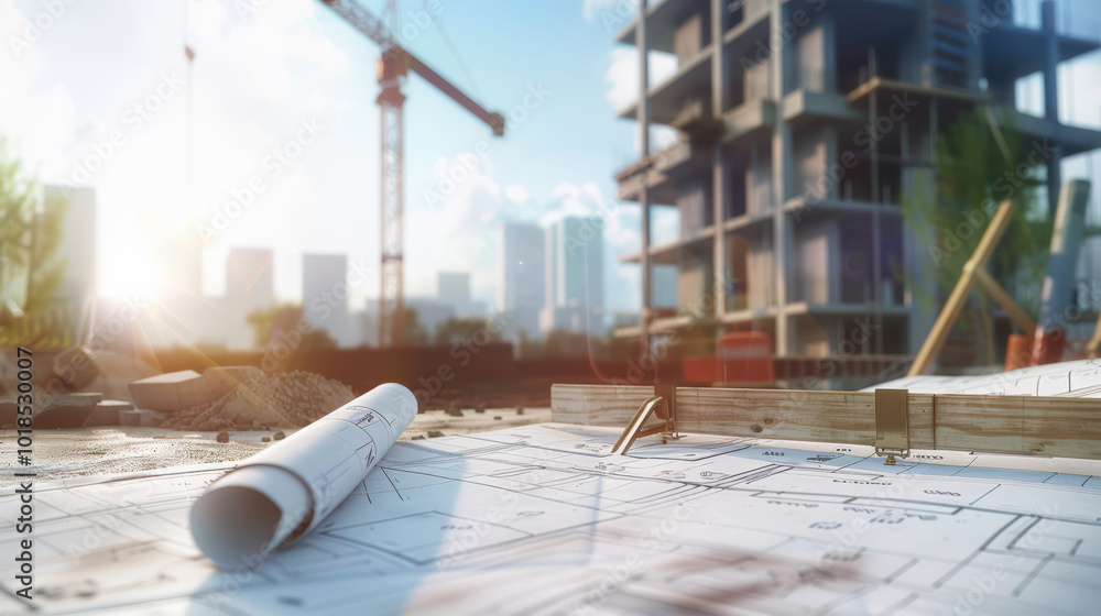 Poster construction site with blueprints in foreground, showcasing building under development. scene captur