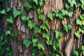 A close-up view of lush green ivy leaves climbing a textured tree trunk, showcasing the beauty of nature.