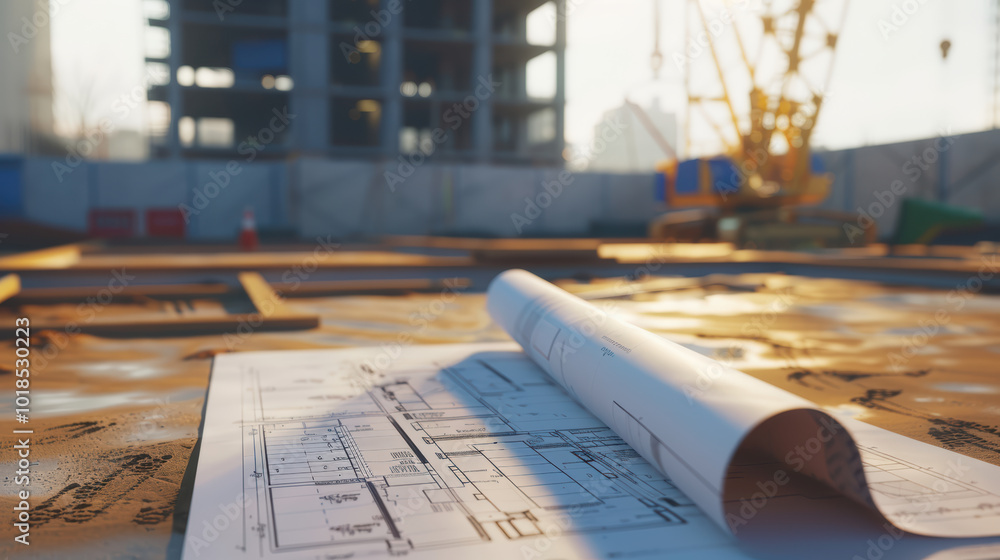 Poster construction site with blueprints laid out on table, showcasing detailed architectural plans. backgr