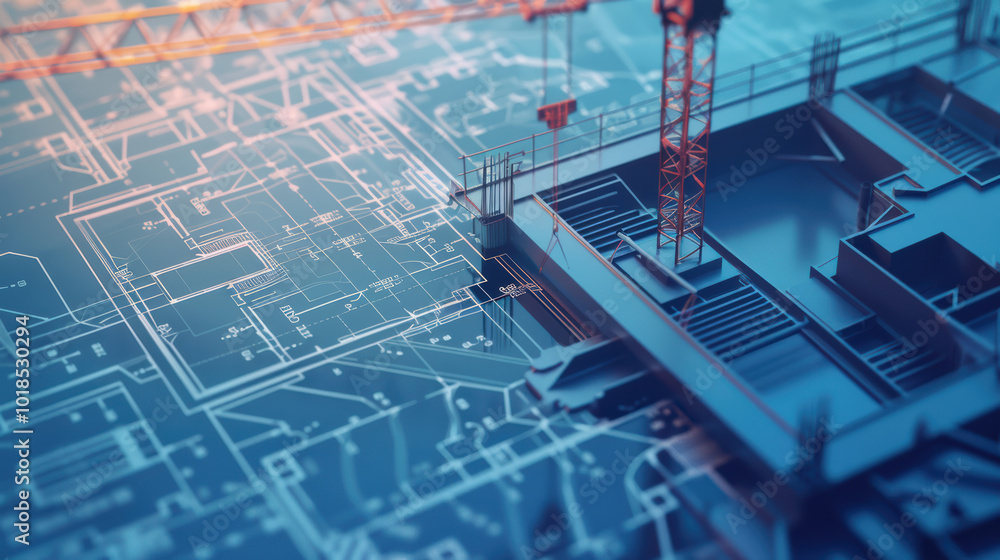 Poster detailed construction blueprint with crane in background showcases intricate planning involved in bu
