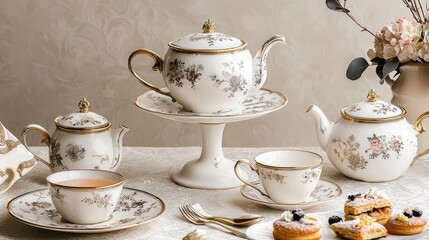 Fototapeta premium Elegant tea set featuring fine porcelain with floral patterns, perfect for afternoon tea and special gatherings.