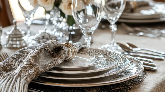 Elegant table setting with fine china, crystal glassware, and decorative napkin for a luxurious dining experience.