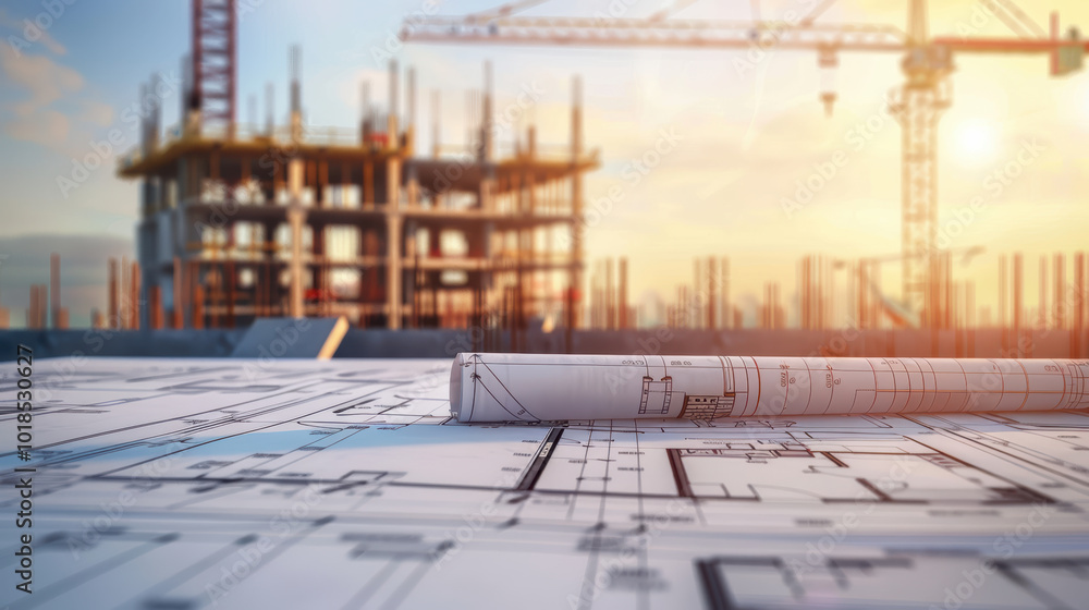 Poster construction plans and blueprints are prominently displayed in foreground, showcasing detailed archi
