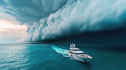 Naklejka premium A luxury yacht sailing beneath a menacing tropical shelf cloud, showcasing dramatic weather contrasts and room for copy.