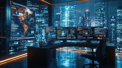 Modern Office with Cityscape View and Computer Monitors Showing Data