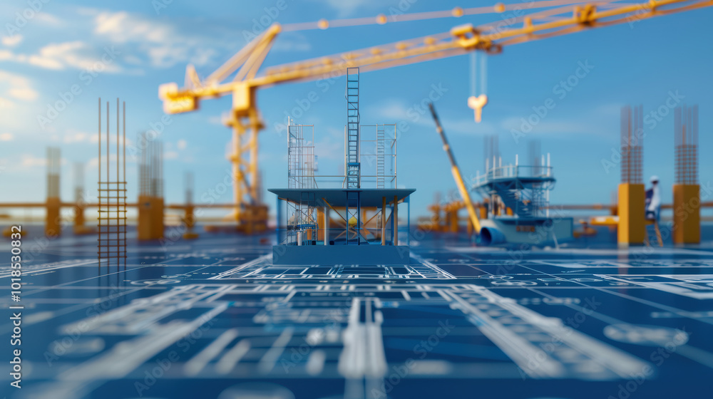 Poster construction site with blueprints and cranes in background showcases intricate planning and developm