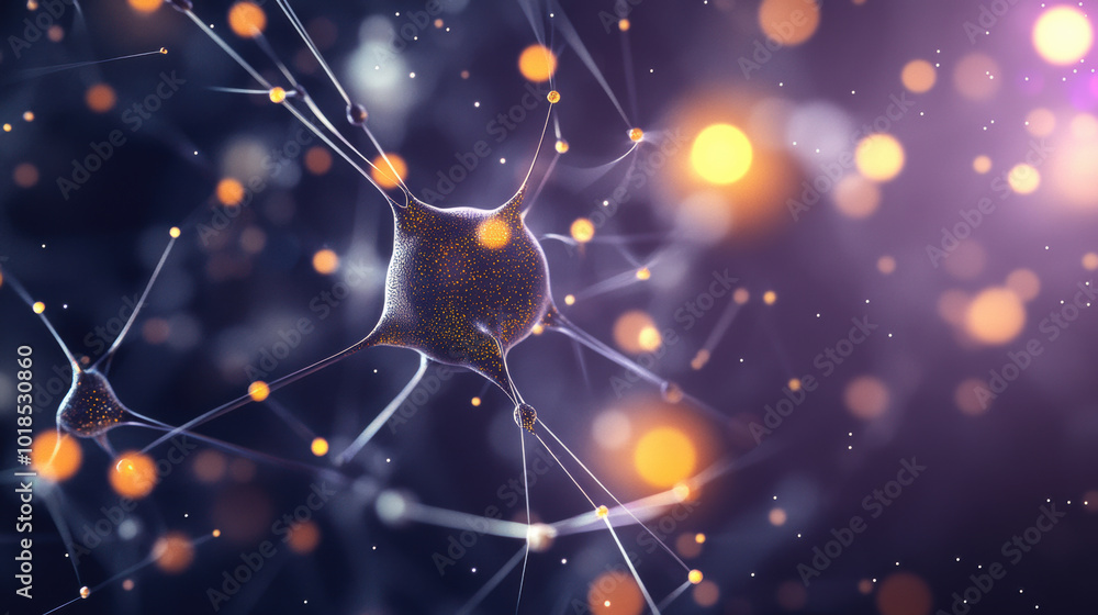 Poster magnified image of biological structure showcasing intricate neurons and glowing particles, creating