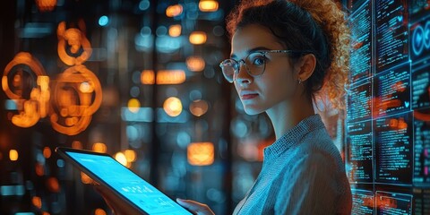 Woman Using Tablet in a Data Center