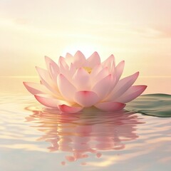 A serene pink lotus flower floats gracefully on calm water, reflecting soft hues of sunrise in a tranquil setting.