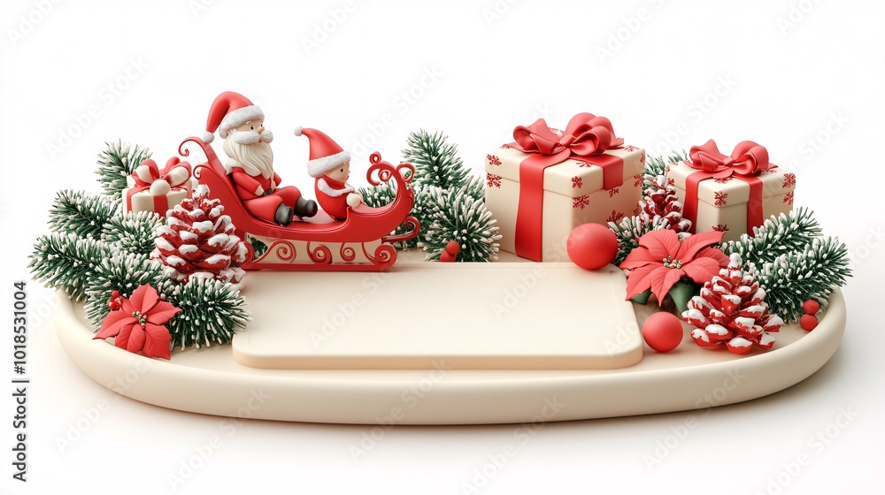 Poster isolated on white background with side space for letters 3d-render clay style santa sleigh and prese