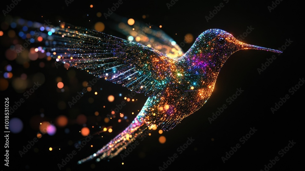Poster a vibrant hummingbird made entirely of glowing particles on a black background, its wings shimmering