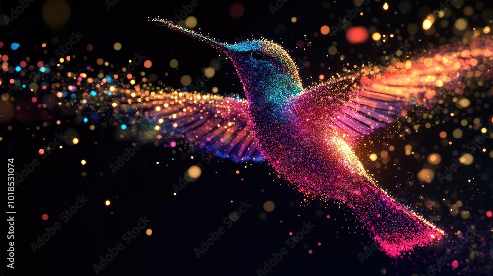 Poster a vibrant hummingbird made entirely of glowing particles on a black background, its wings shimmering