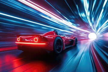 A sleek red car speeds through a vibrant light tunnel, showcasing motion and excitement in a futuristic setting.
