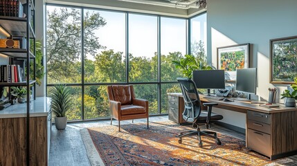 Modern Home Office with Large Windows and Natural Light