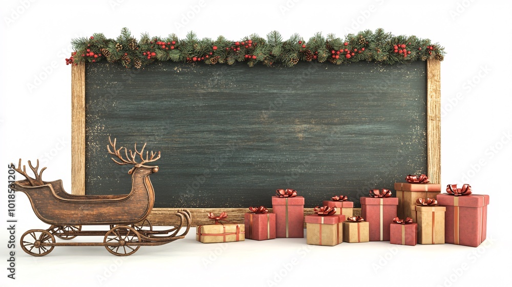 Poster isolated on white background with side space for letters 3d-render clay style santa sleigh and prese