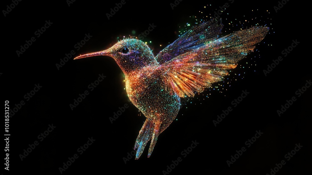 Poster a vibrant hummingbird made entirely of glowing particles on a black background, its wings shimmering