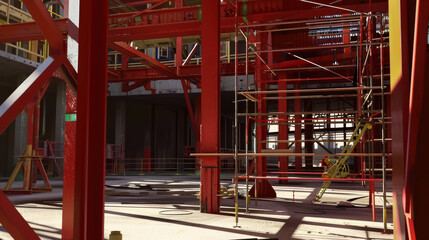image showcases vibrant construction site with red steel beams and scaffolding, highlighting industrial atmosphere and ongoing building process