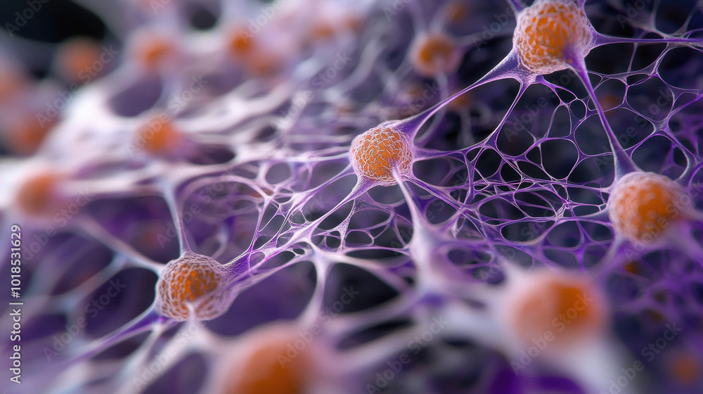 Poster magnified view of biological tissue showcasing intricate cellular structures and networks. vibrant c
